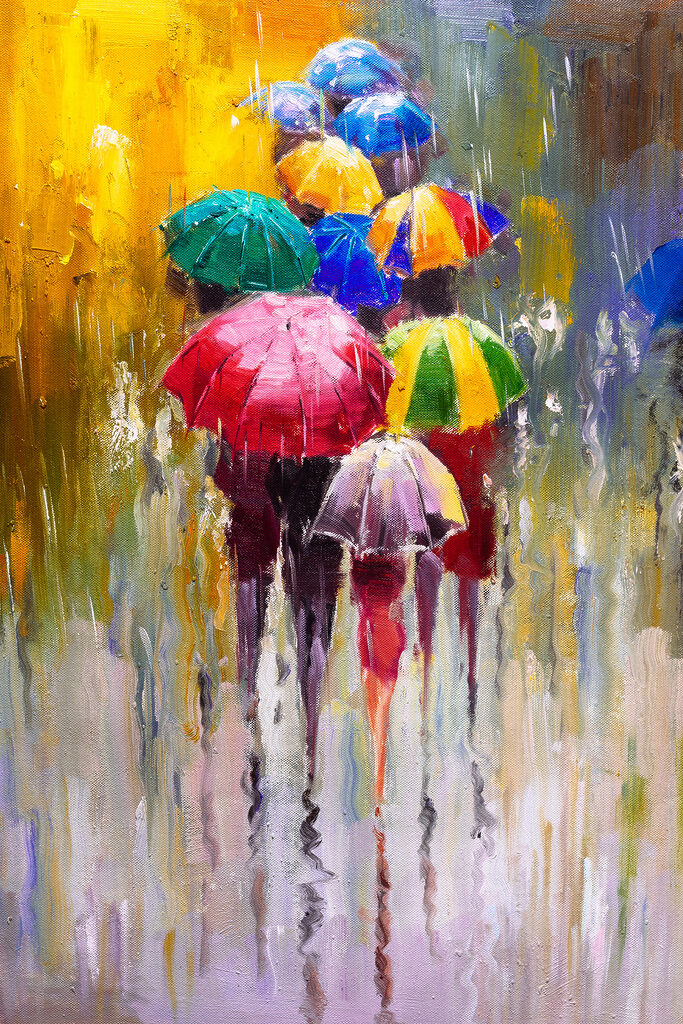 A painting of people holding umbrellas A painting of people holding umbrellas
