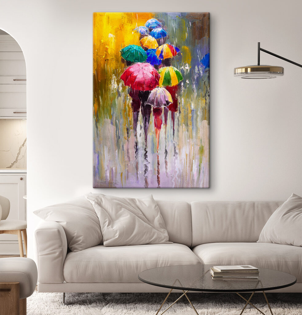 A painting of people holding umbrellas A painting of people holding umbrellas