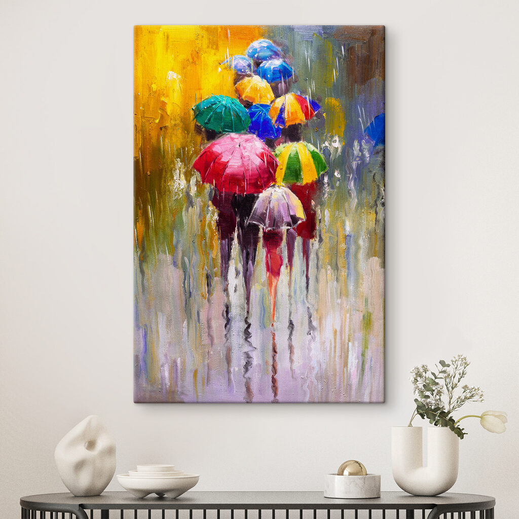 A painting of people holding umbrellas A painting of people holding umbrellas