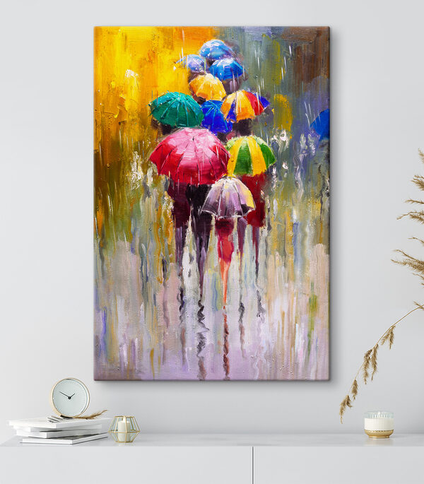 A painting of people holding umbrellas A painting of people holding umbrellas
