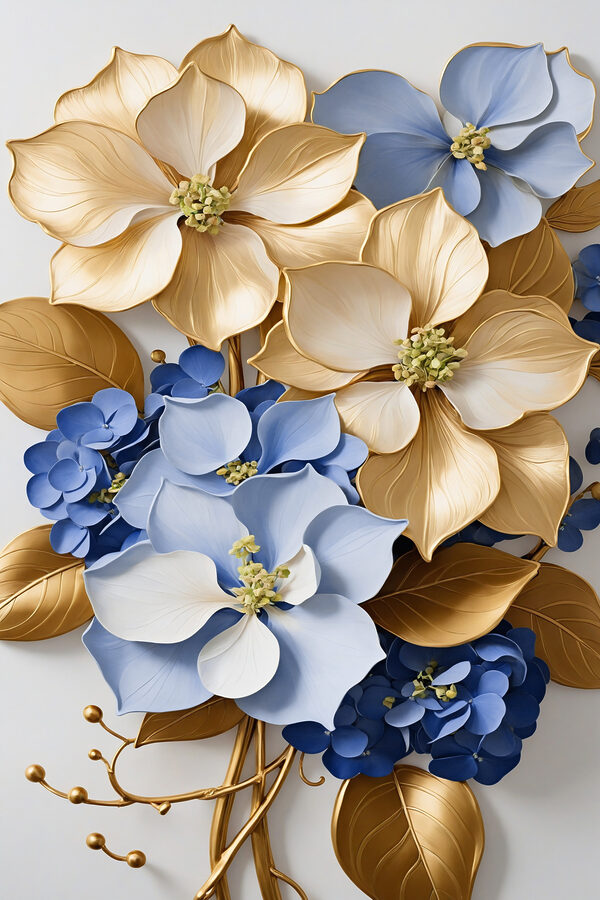 A group of blue and white flowers A group of blue and white flowers