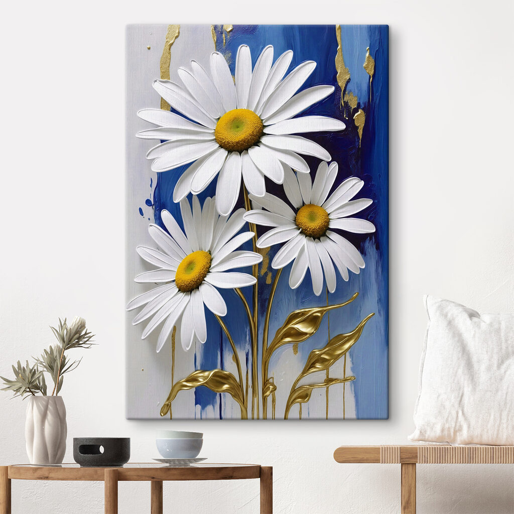 Daisies flourish on a blue canvas