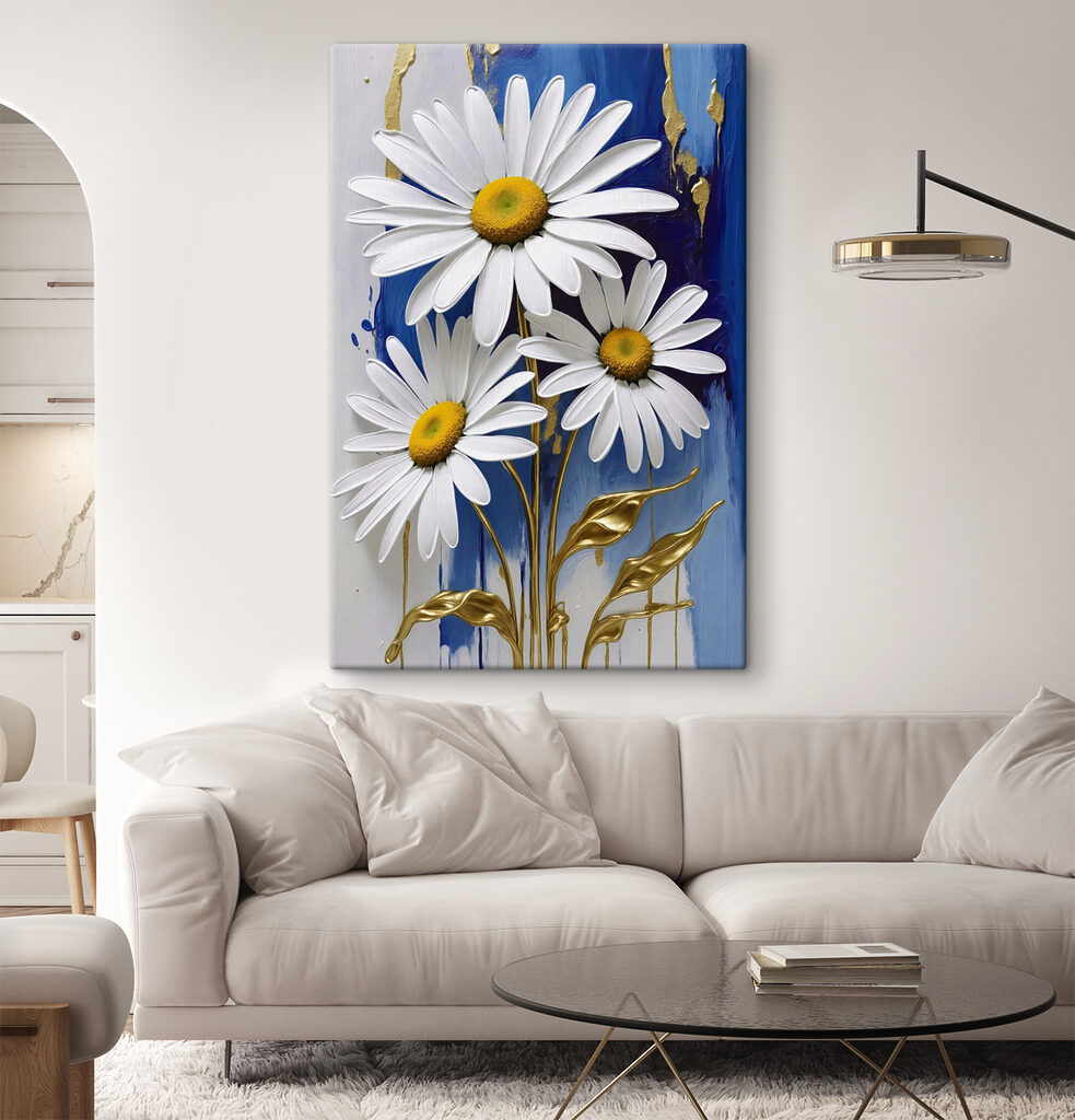 Daisies flourish on a blue canvas
