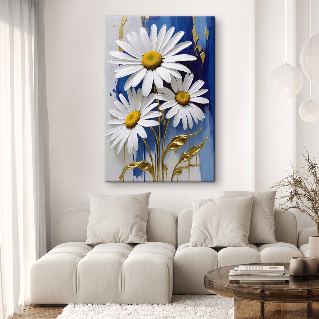 Daisies flourish on a blue canvas