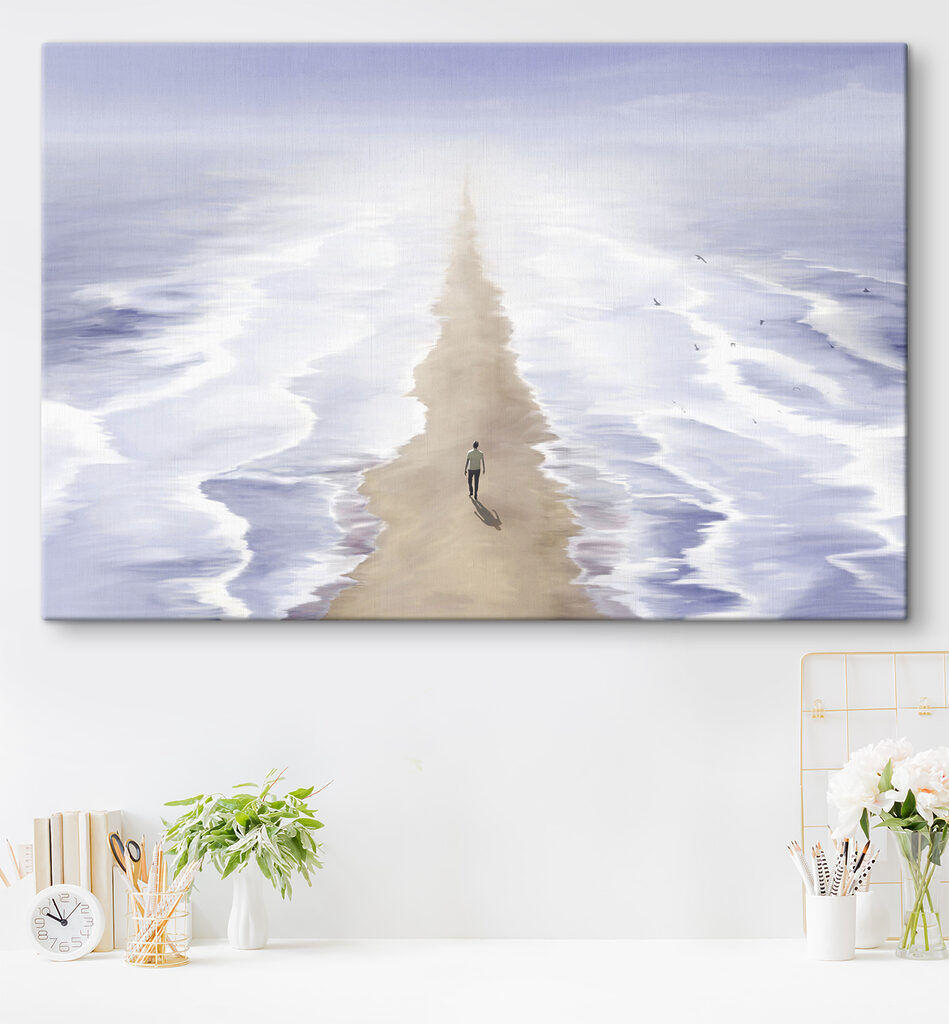 A person walking on a beach