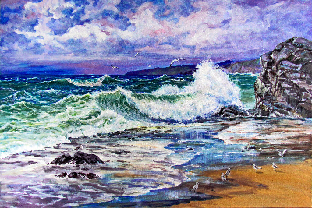 A painting of waves crashing on a beach