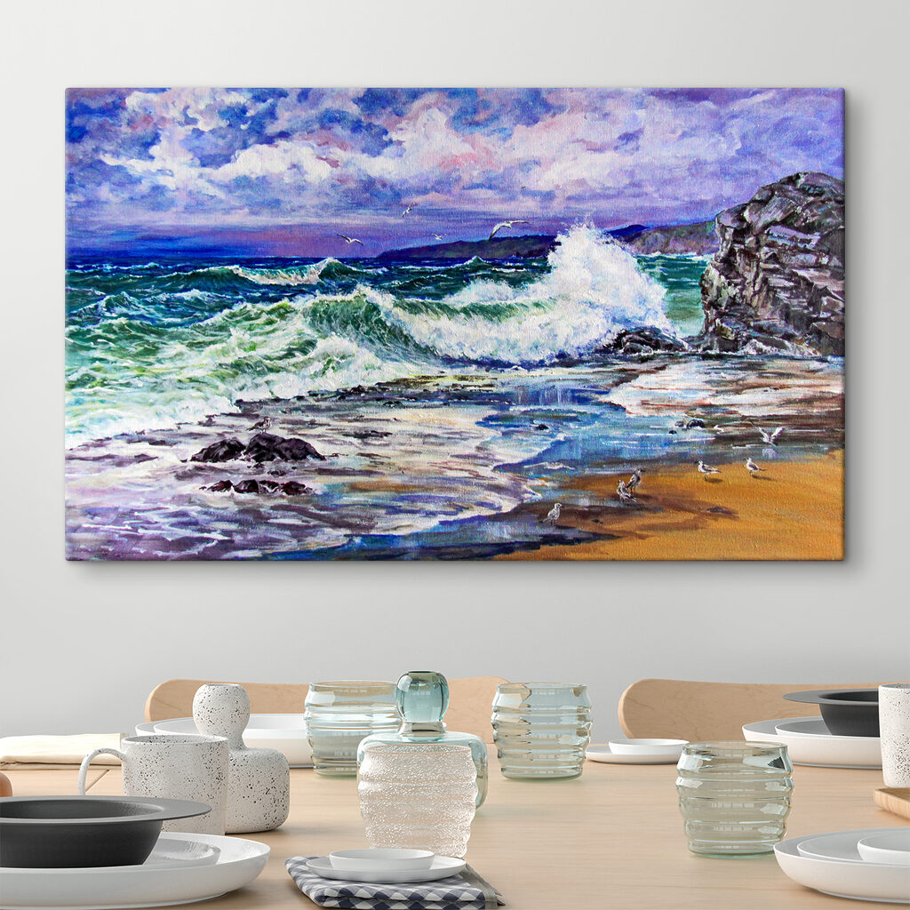 A painting of waves crashing on a beach