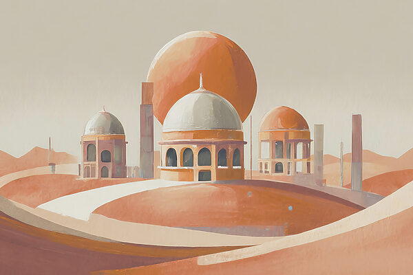 A desert landscape with buildings and a large orange ball