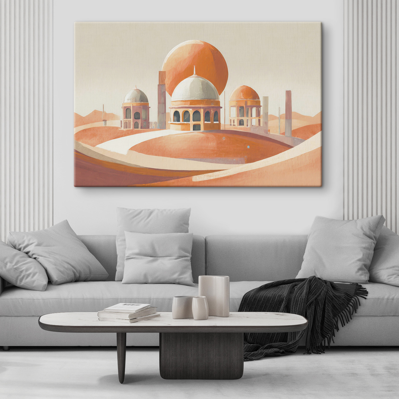 A desert landscape with buildings and a large orange ball