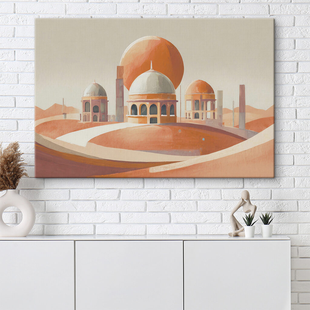 A desert landscape with buildings and a large orange ball