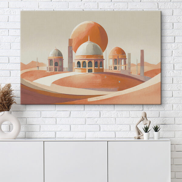 A desert landscape with buildings and a large orange ball