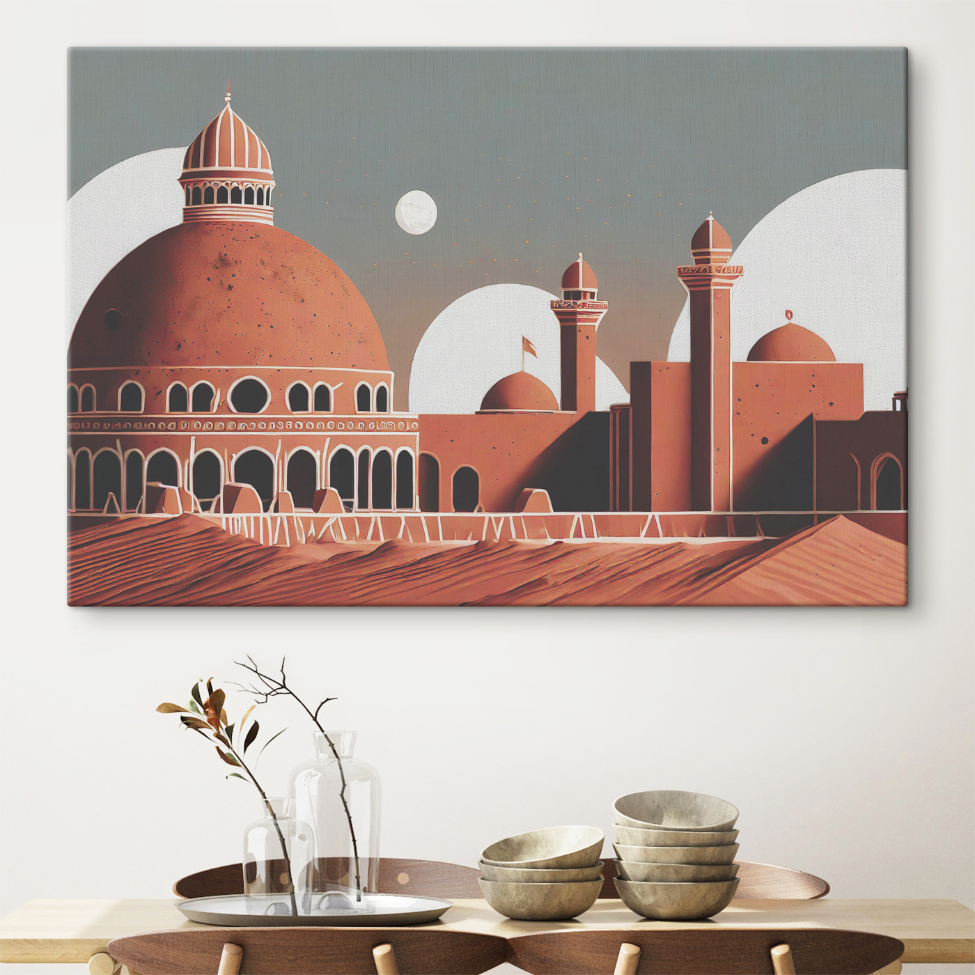 A desert landscape with a building and towers A desert landscape with a building and towers