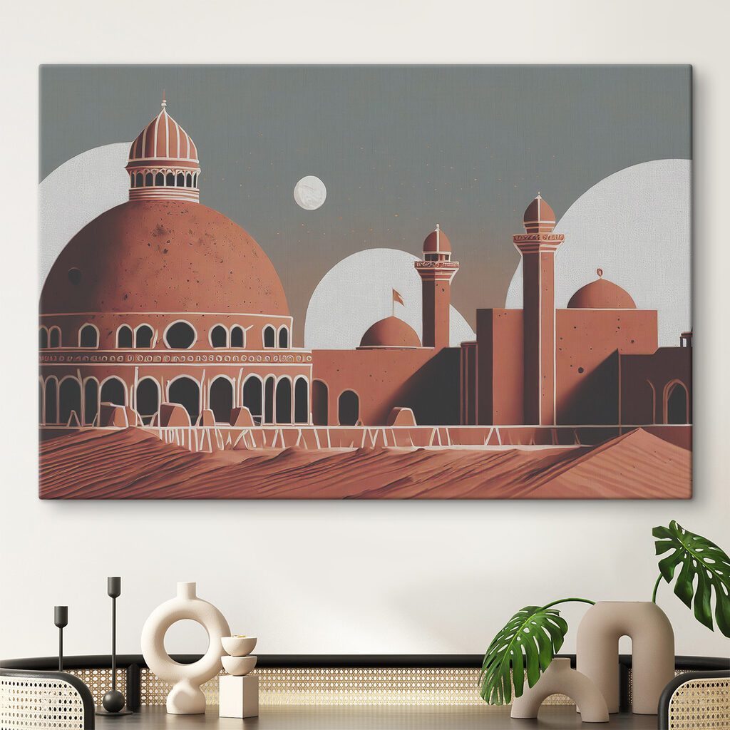 A desert landscape with a building and towers A desert landscape with a building and towers