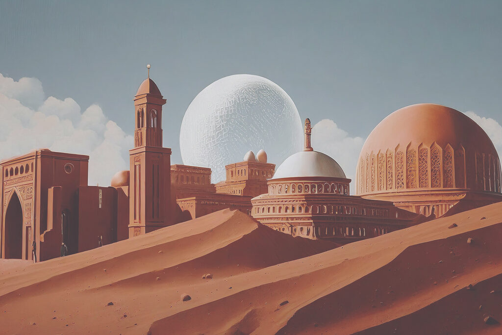 A desert landscape with buildings and a large white ball A desert landscape with buildings and a large white ball