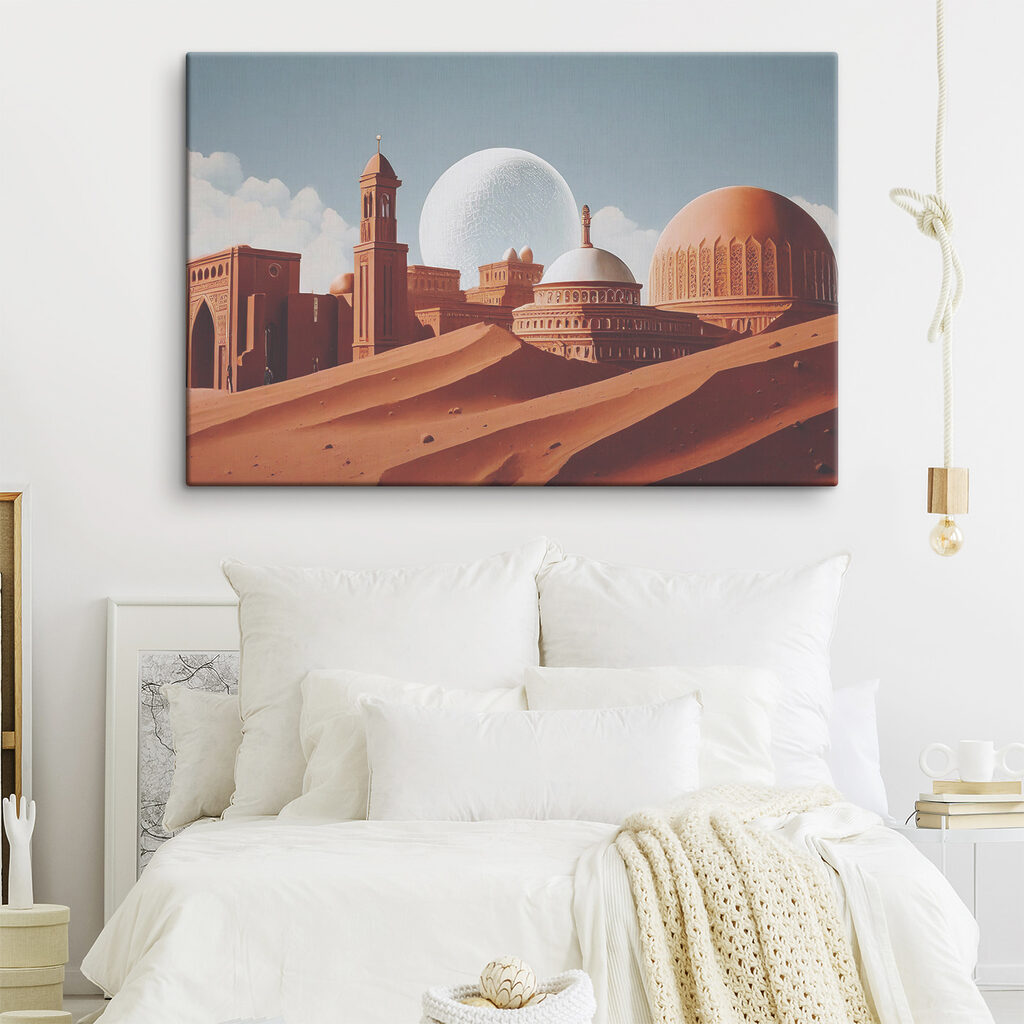 A desert landscape with buildings and a large white ball A desert landscape with buildings and a large white ball