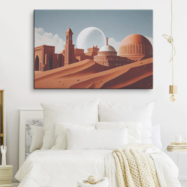 A desert landscape with buildings and a large white ball A desert landscape with buildings and a large white ball