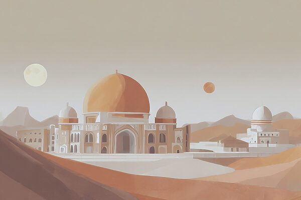 A building with a dome and a desert landscape