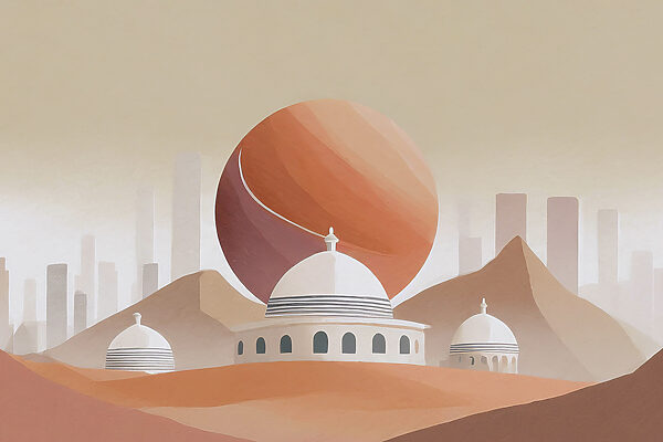 A desert landscape with buildings and a large red ball A desert landscape with buildings and a large red ball