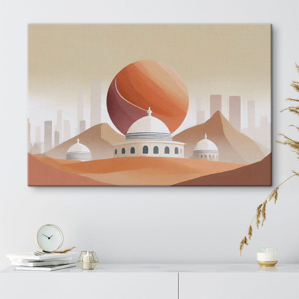 A desert landscape with buildings and a large red ball A desert landscape with buildings and a large red ball