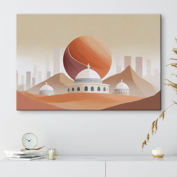 A desert landscape with buildings and a large red ball A desert landscape with buildings and a large red ball