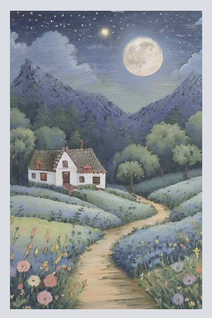 A painting of a house in a field of flowers A painting of a house in a field of flowers