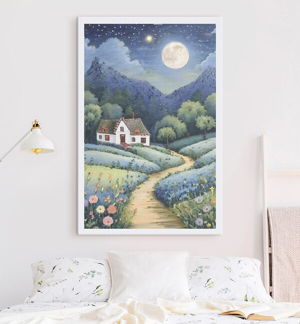 Cuadros Un cuadro que representa una casa en un campo de flores