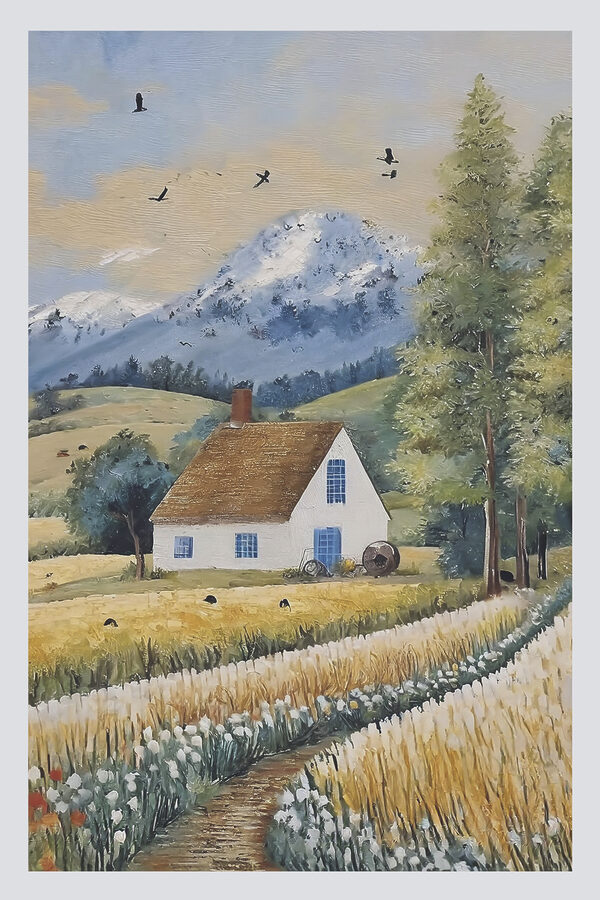 A painting of a house in a field A painting of a house in a field