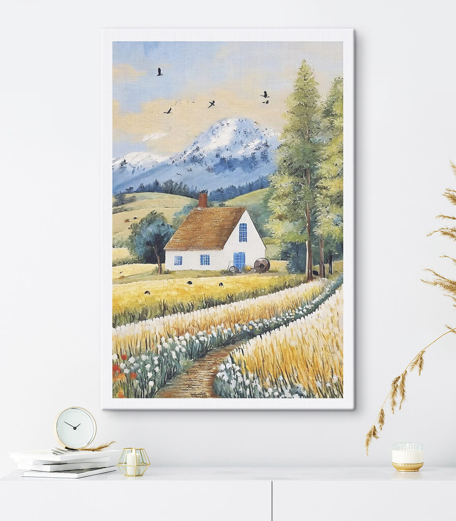 A painting of a house in a field A painting of a house in a field
