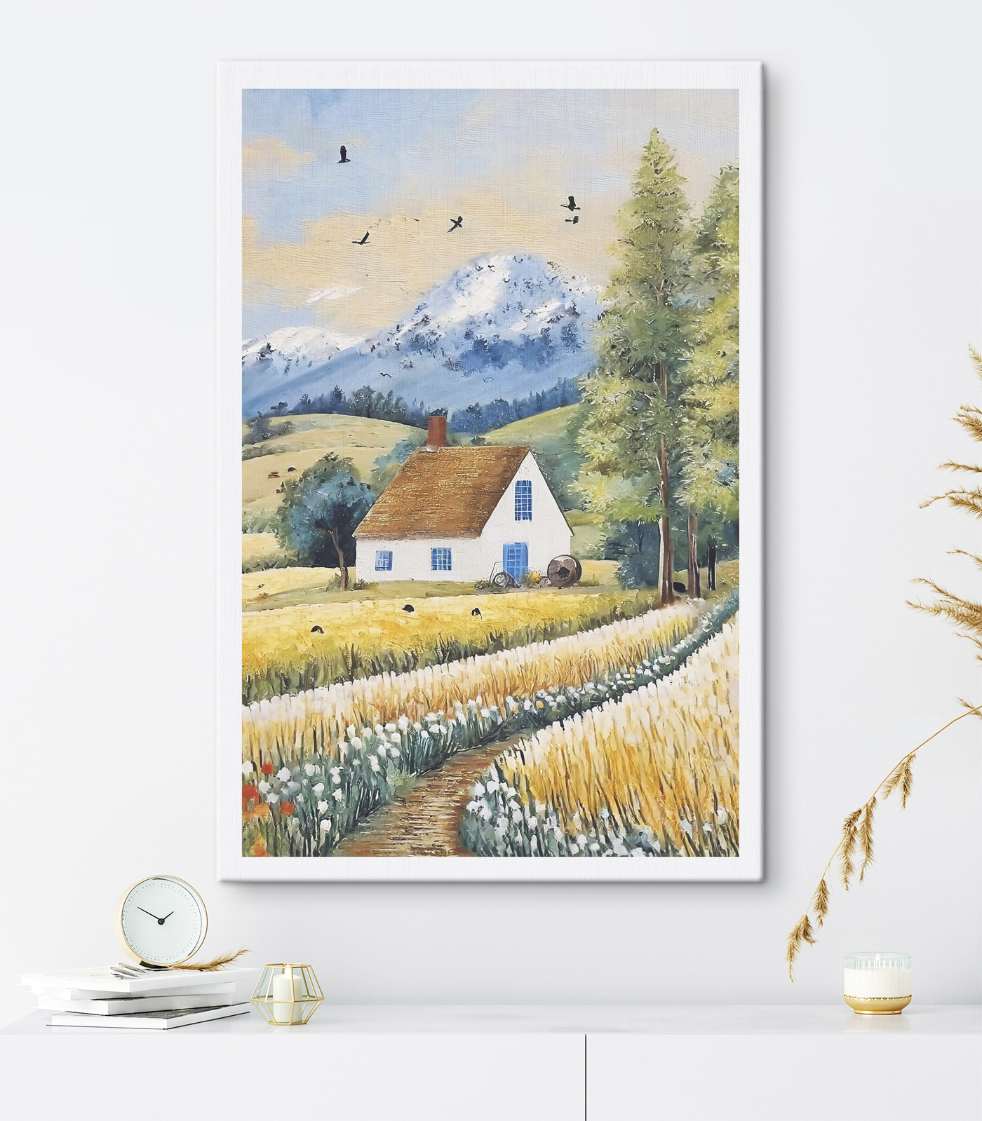 A painting of a house in a field A painting of a house in a field