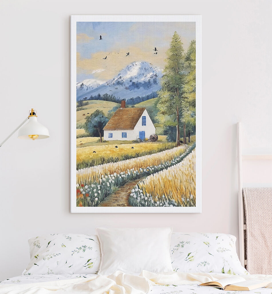 A painting of a house in a field A painting of a house in a field