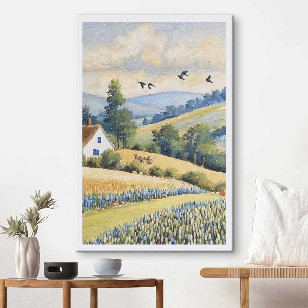 A painting of a house and a field of flowers A painting of a house and a field of flowers