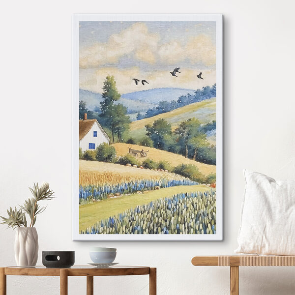 A painting of a house and a field of flowers A painting of a house and a field of flowers
