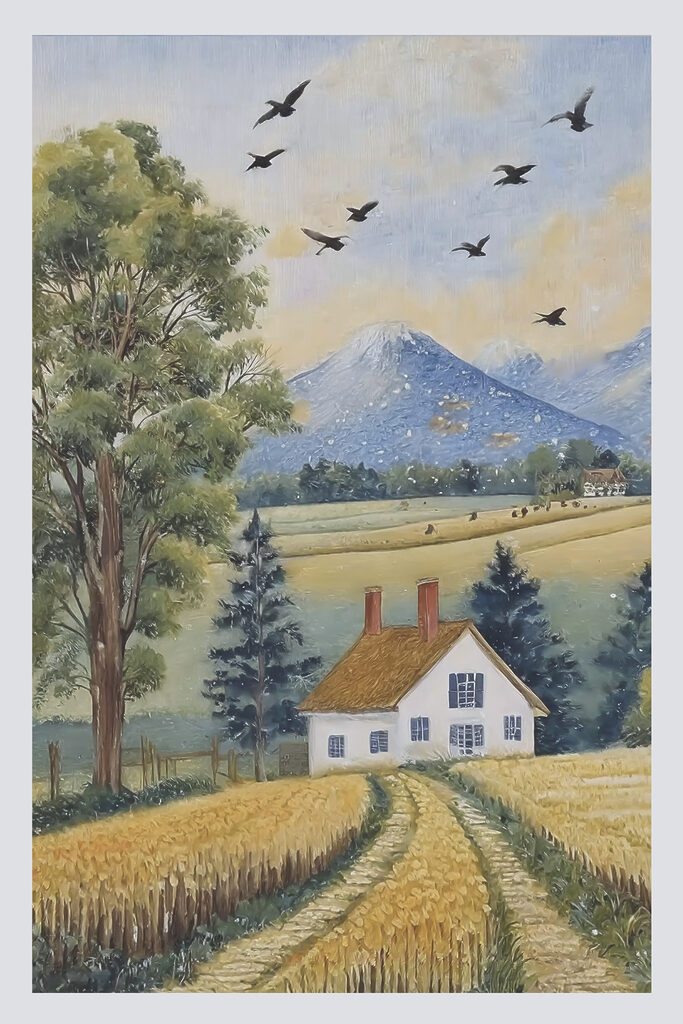 A painting of a house and a field of wheat A painting of a house and a field of wheat