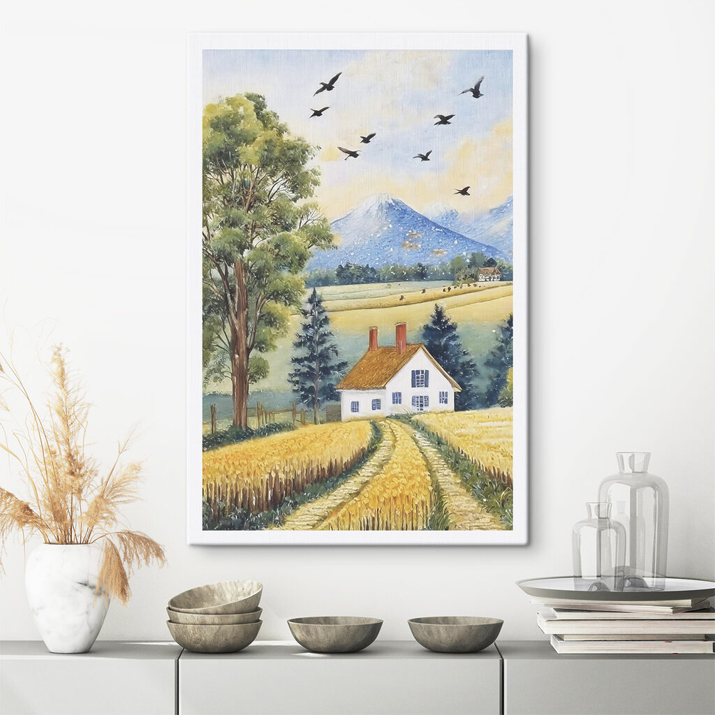 A painting of a house and a field of wheat A painting of a house and a field of wheat