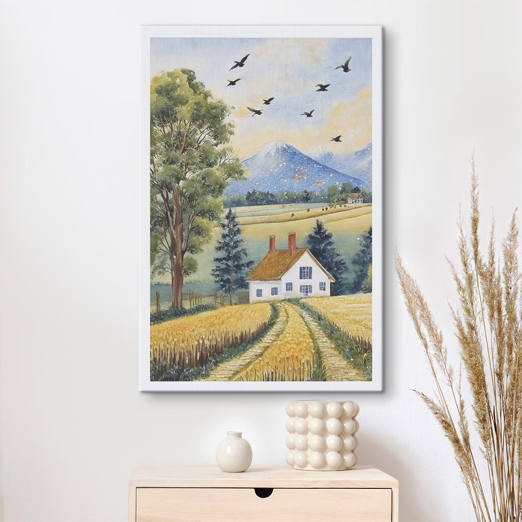 A painting of a house and a field of wheat A painting of a house and a field of wheat