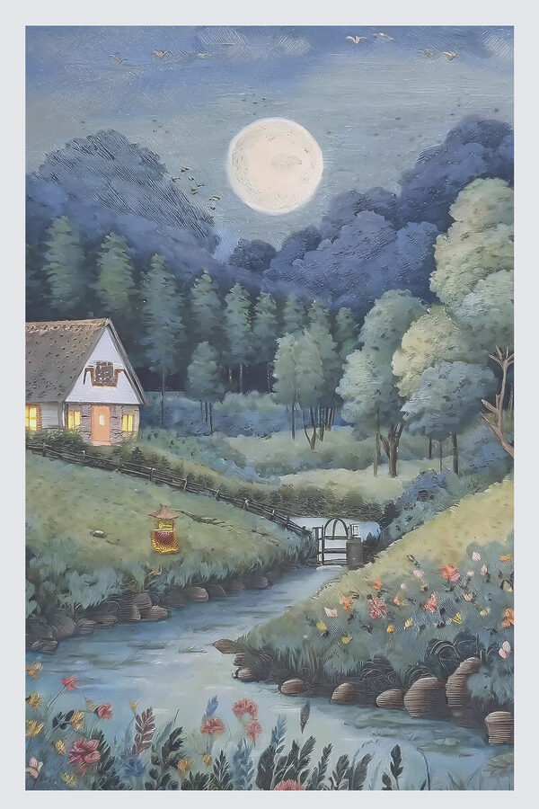 A painting of a house and a river in a forest A painting of a house and a river in a forest