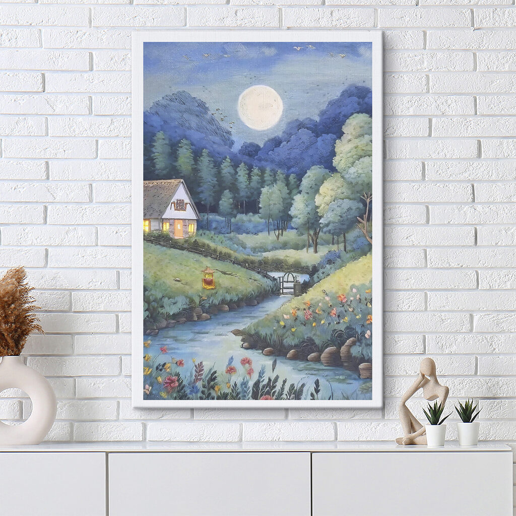 A painting of a house and a river in a forest A painting of a house and a river in a forest