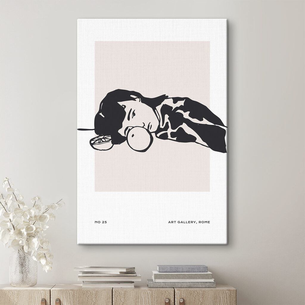 A drawing of a woman sleeping with a fruit