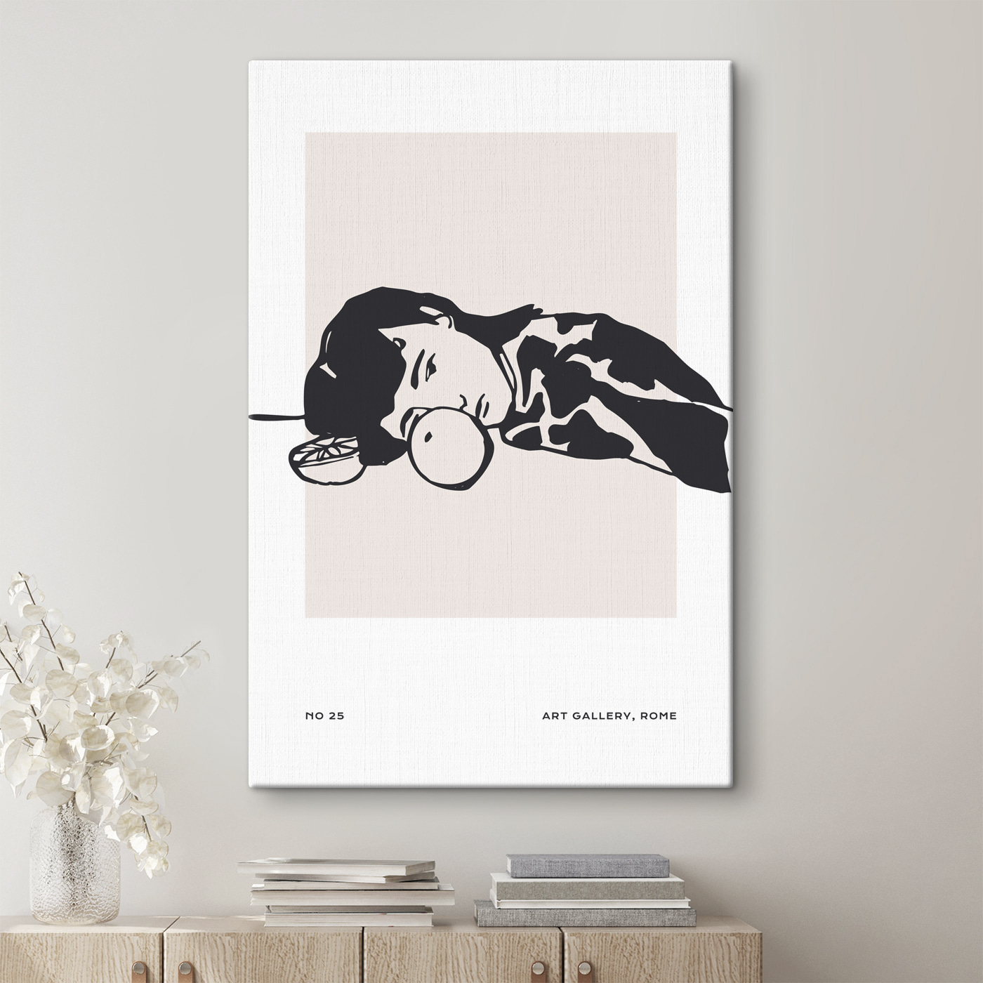 A drawing of a woman sleeping with a fruit