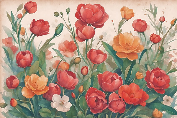 A painting of flowers and leaves
