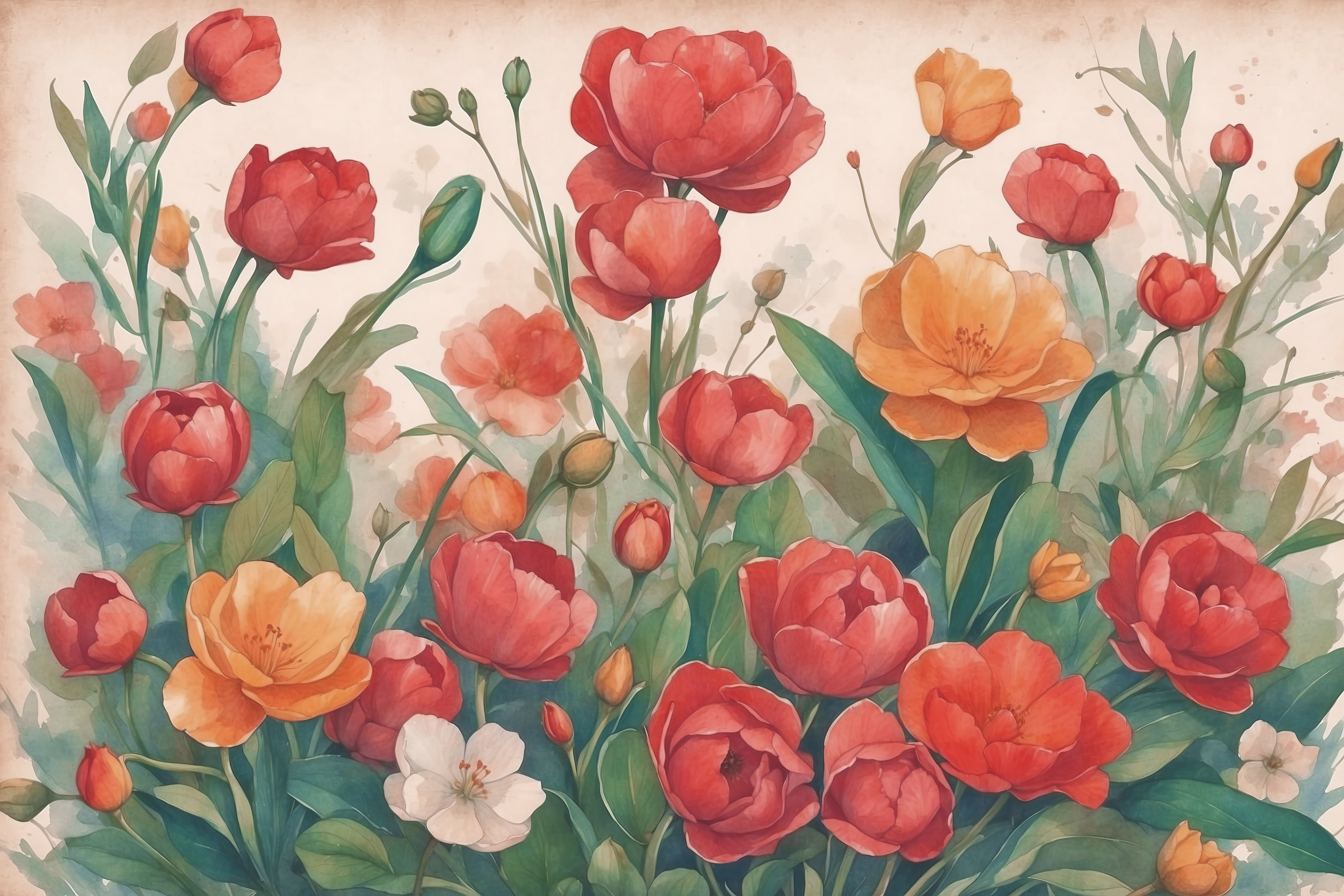A painting of flowers and leaves