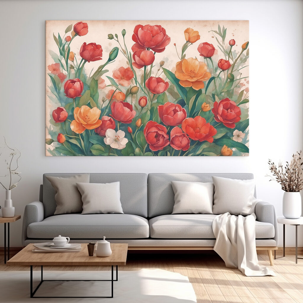 A painting of flowers and leaves