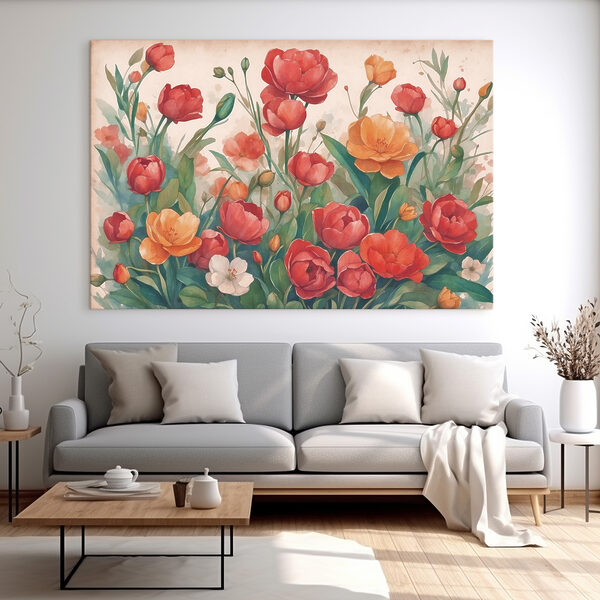 A painting of flowers and leaves