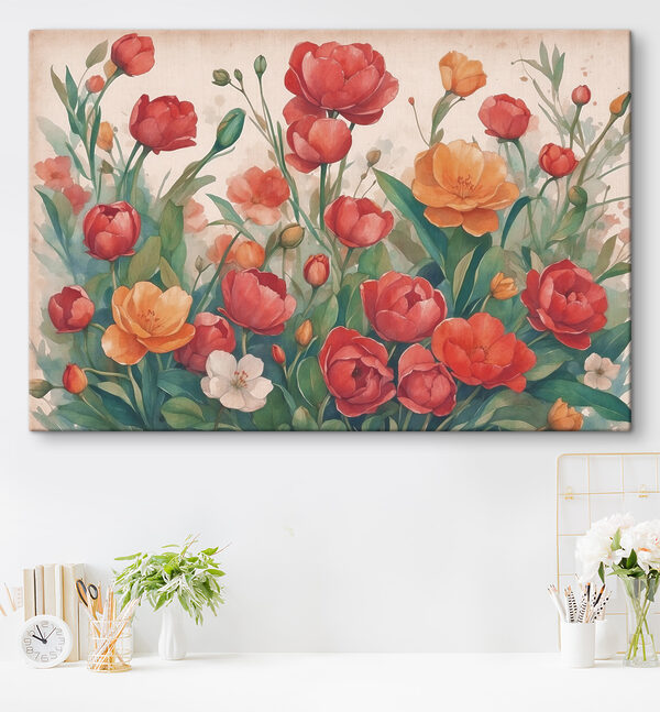 A painting of flowers and leaves
