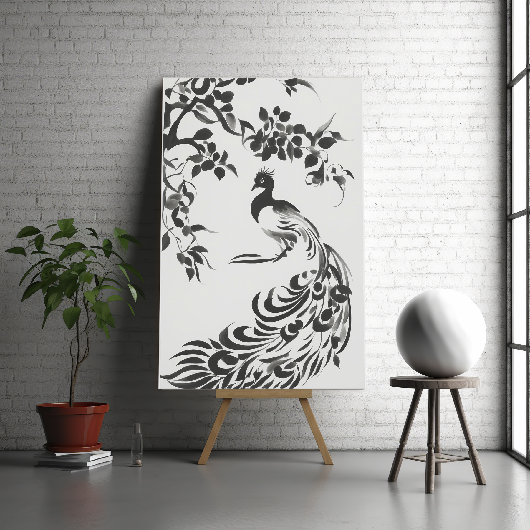 A black and white painting of a bird