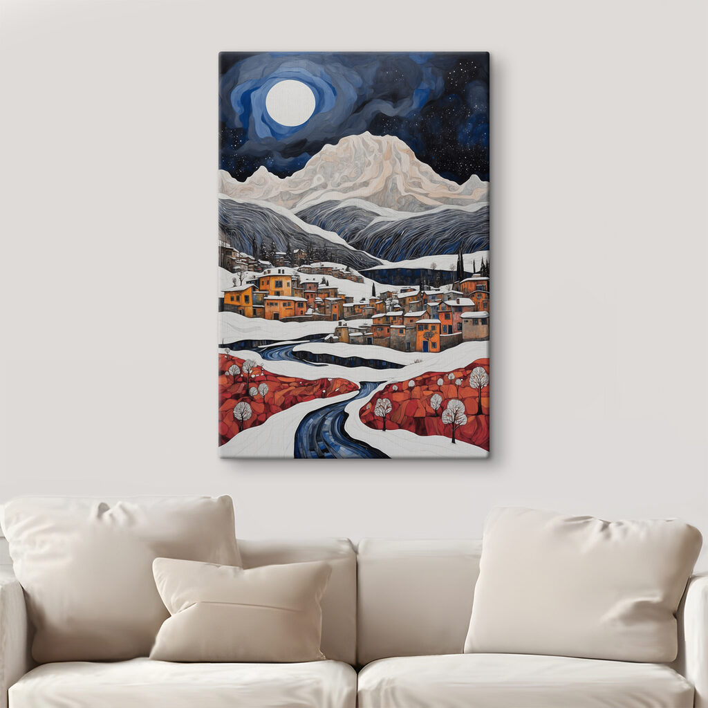 A painting of a town in the snow A painting of a town in the snow