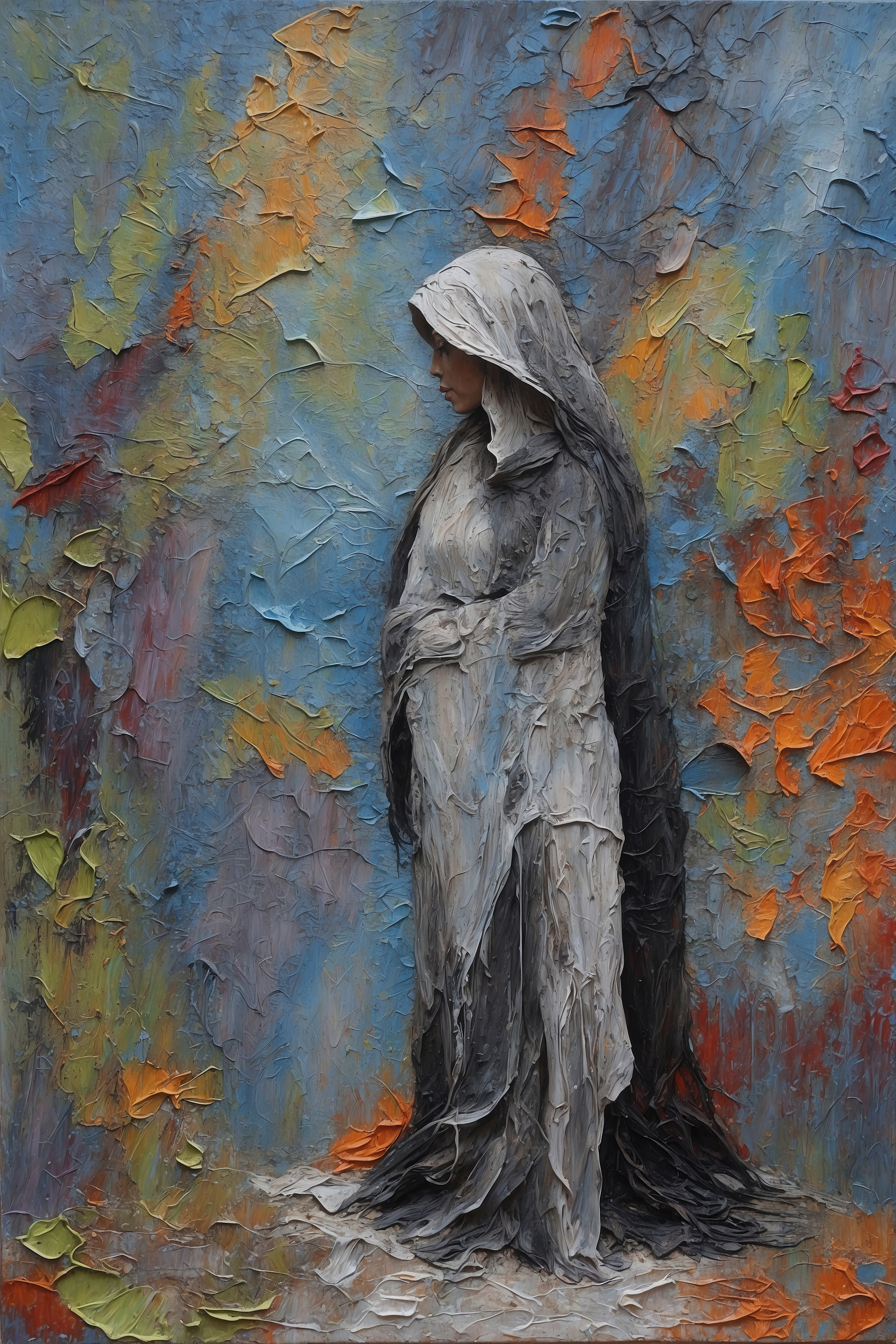 A painting of a woman in a white robe A painting of a woman in a white robe
