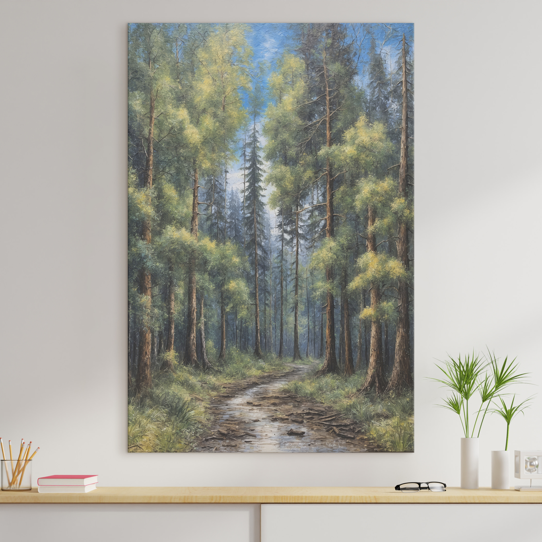 A painting of a forest of trees A painting of a forest of trees