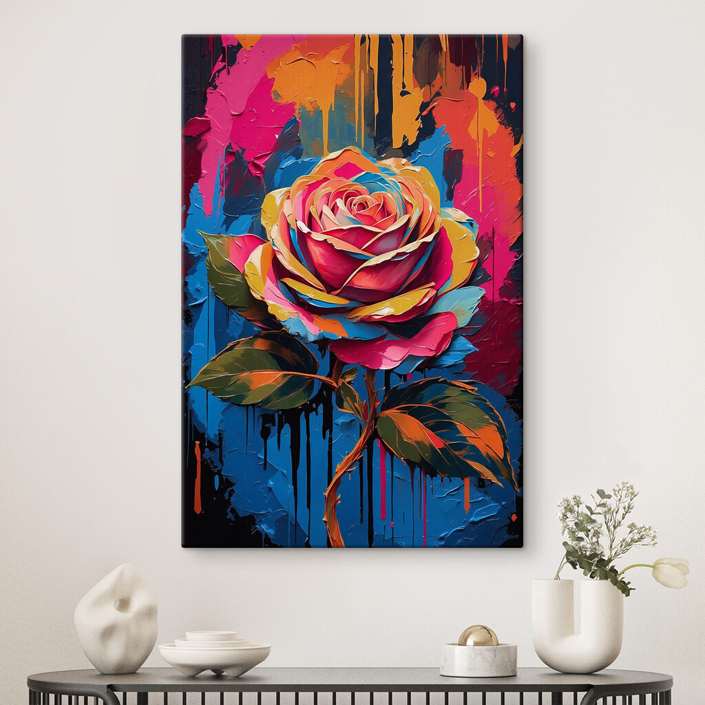 A painting of a colorful rose