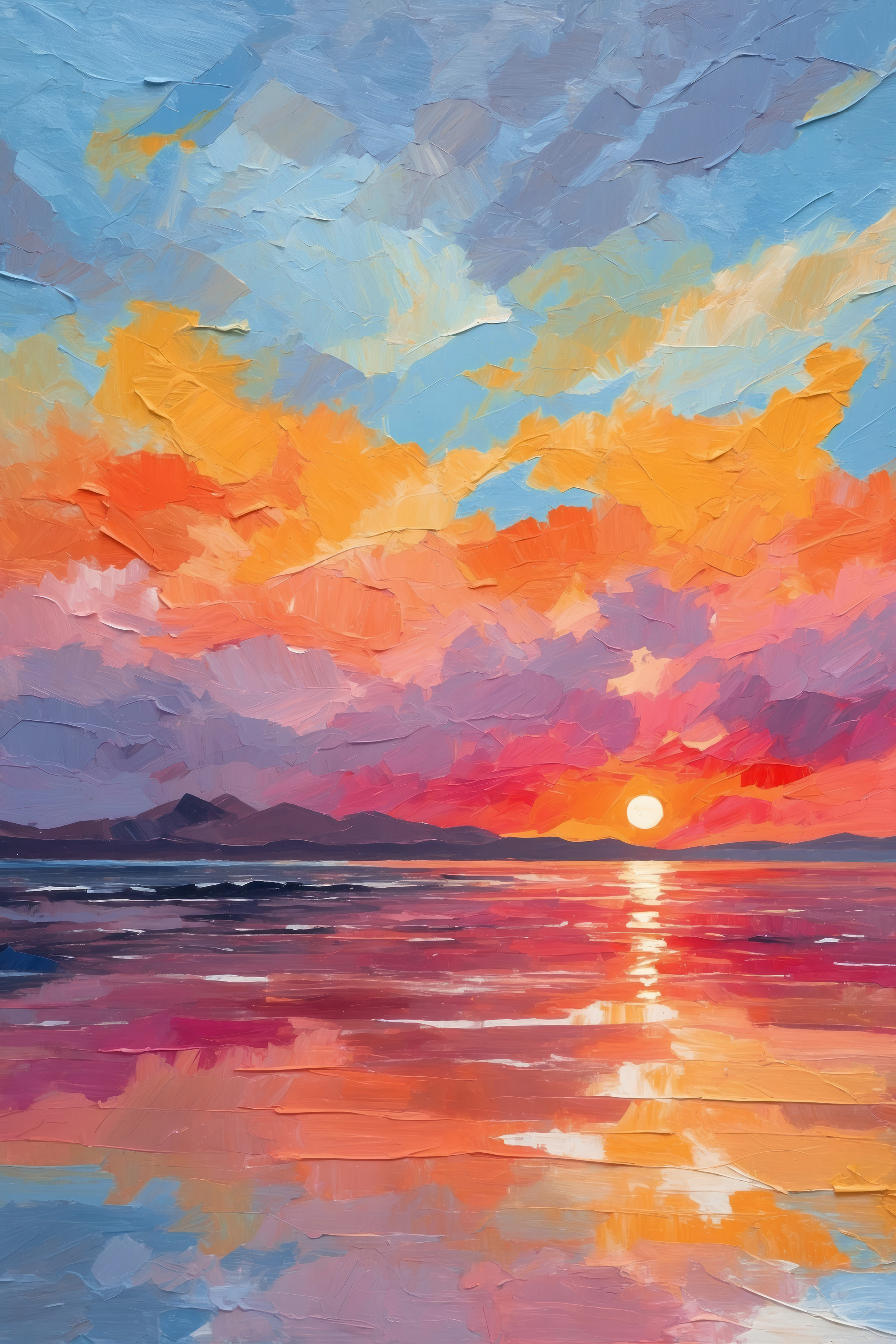 A sunset over water with mountains in the background